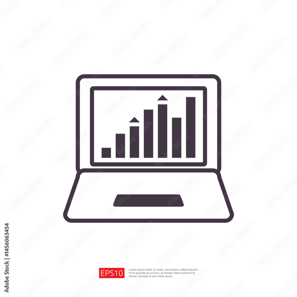 Poster business illustration of a laptop displaying growth graphs and analytics for financial performance a