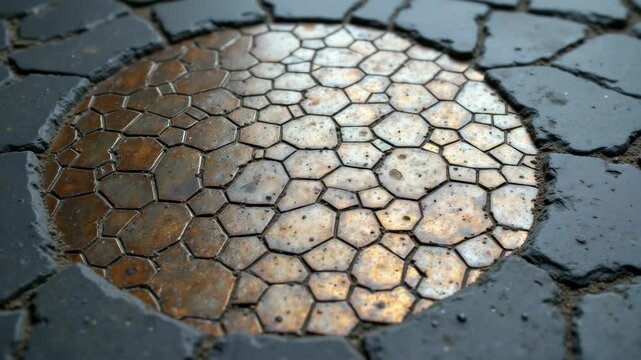A close-up view of a wet, geometric cobblestone pattern with central hexagonal shapes surrounded by rougher stones.