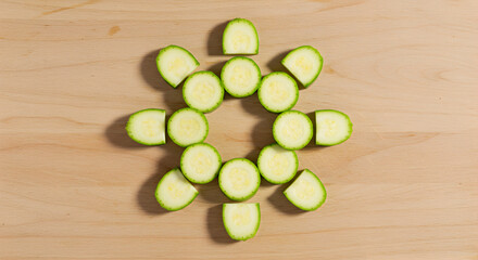 Sliced Zucchini Arranged Into A Geometric Pattern On Wooden Surface