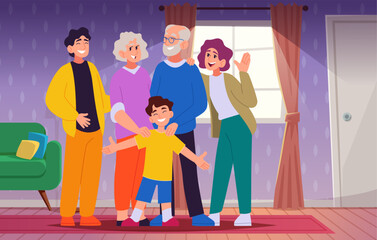 Happy family. mother father grandparents and kids standing in living room