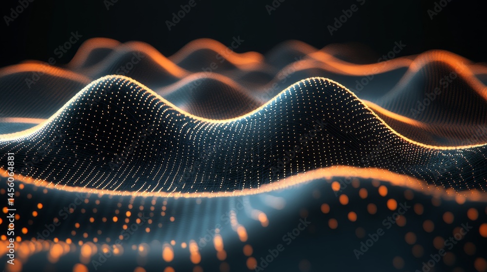 Aufkleber abstract glowing orange waves of digital binary data on a dark background, technology concept.