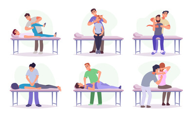 Orthopedist. Medical treatment bones chiropractors working with patients exact vector illustrations in cartoon style