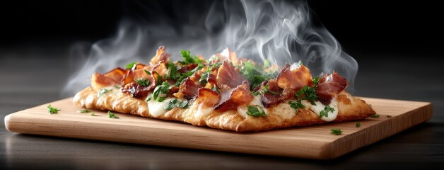 Mouthwatering pizza with smoke and vibrant toppings on a wooden board in a cozy pizzeria with rustic decor