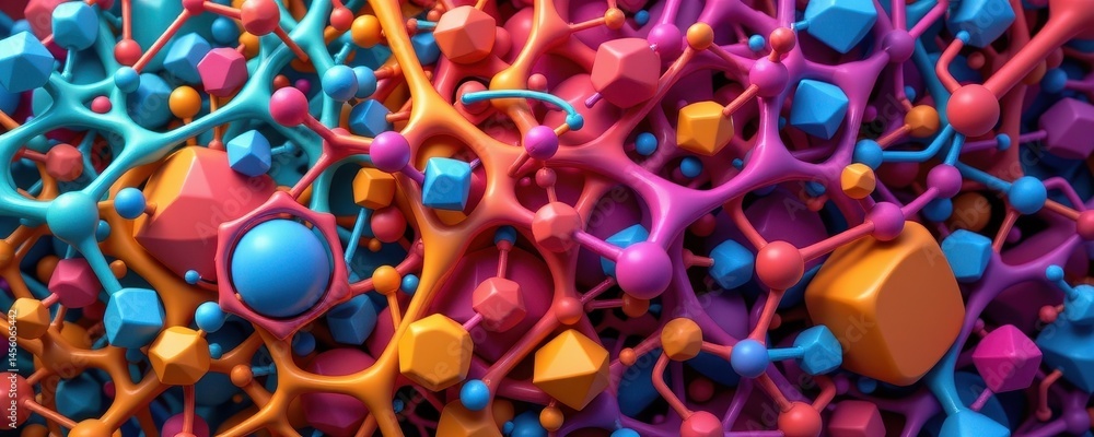 Poster a visually striking 3d illustration showcasing a complex network of interconnected colored geometric