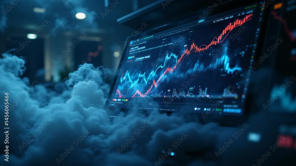 Poster a laptop shows dynamic stock market graphs and analytics, surrounded by dramatic clouds in a dim, fu