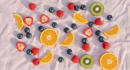 Vibrant Assortment Of Fresh Summer Fruits Scattered On Bright Backdrop
