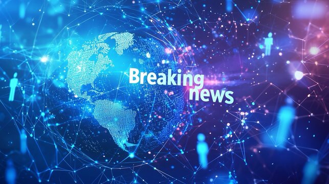 Banner per le ultime notizie con il testo "Breaking news"con lettere bianche. Sfondo blu che mostra un globo 