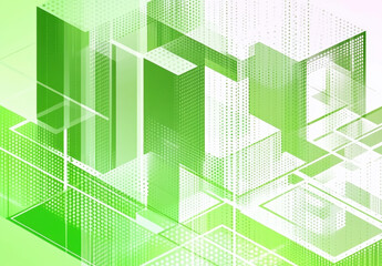 Abstract geometric shapes in green tones create modern and dynamic background, featuring layered structures and dotted patterns that evoke sense of depth and creativity