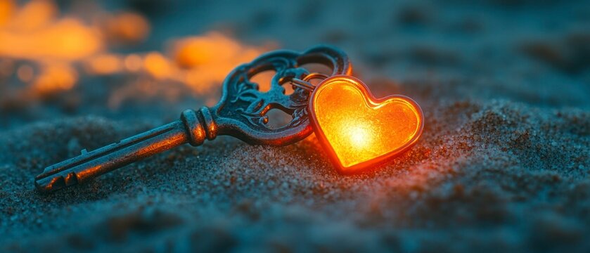 Antique key and heart pendant rest on sand, heart radiating golden light illuminating ornate details.