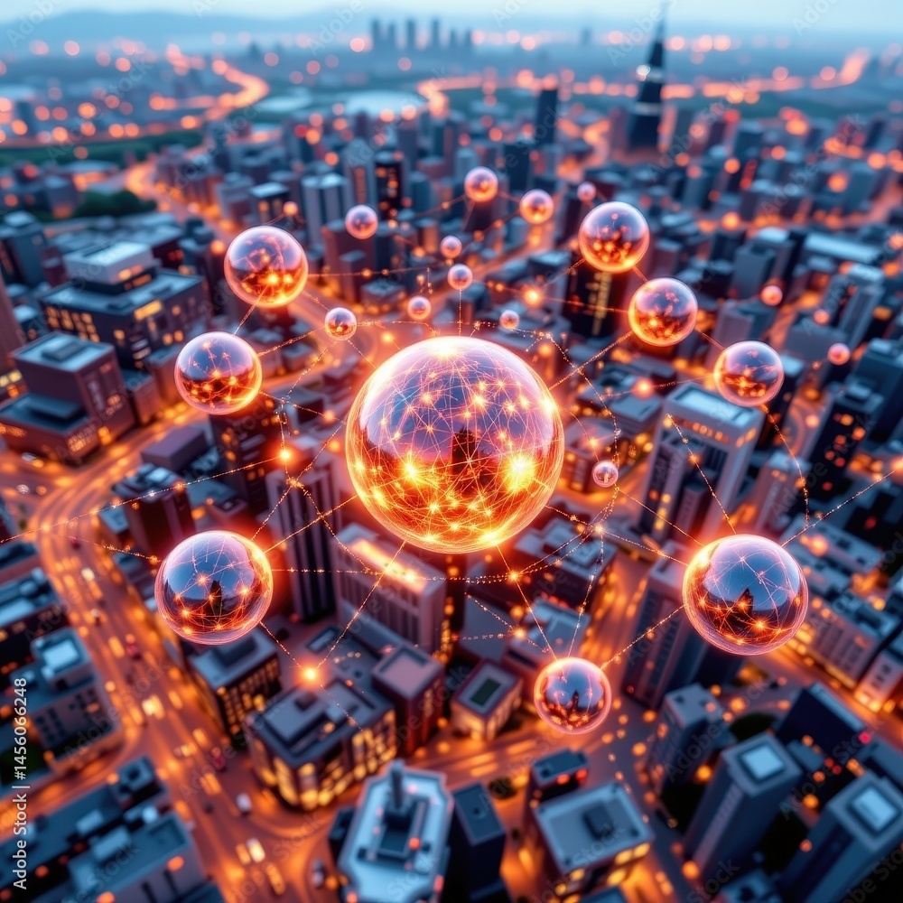 Poster the 3d rendering of a city background shows a complex web of connections system spheres interlinking