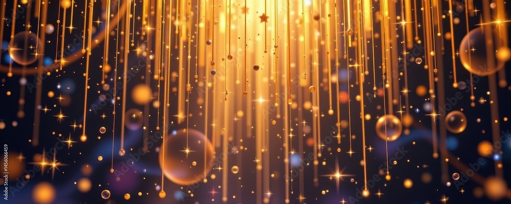 Poster the abstract image depicts a shimmering gold rain cascading down from above, intertwined with sparkl