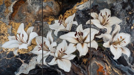 Three-panel artwork depicting a cluster of lilies against a dark, textured background.