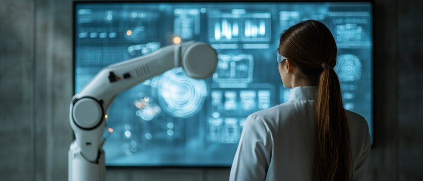 Caucasian scientist examines robotic arm and computer screen displaying data analysis in modern laboratory setting, focused intently on interface.