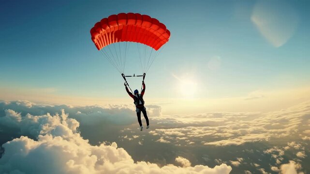 A skydiver descends with an orange parachute above the clouds on a sunny day in the bright blue sky