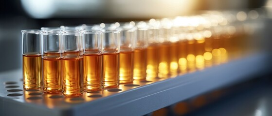 Row of test tubes containing amber liquid undergoes scientific research and medical analysis.