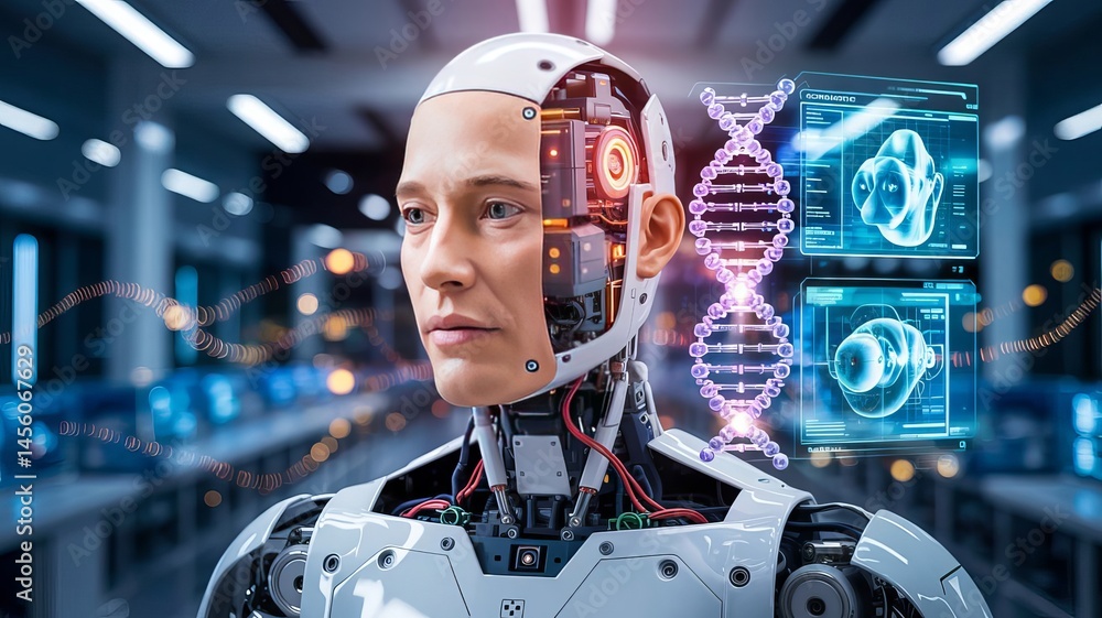 Aufkleber futuristic android with a transparent head showcasing digital health data analysis.