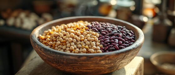 Chickpeas and kidney beans sit separated in rustic wooden bowl, representing simple, natural food.