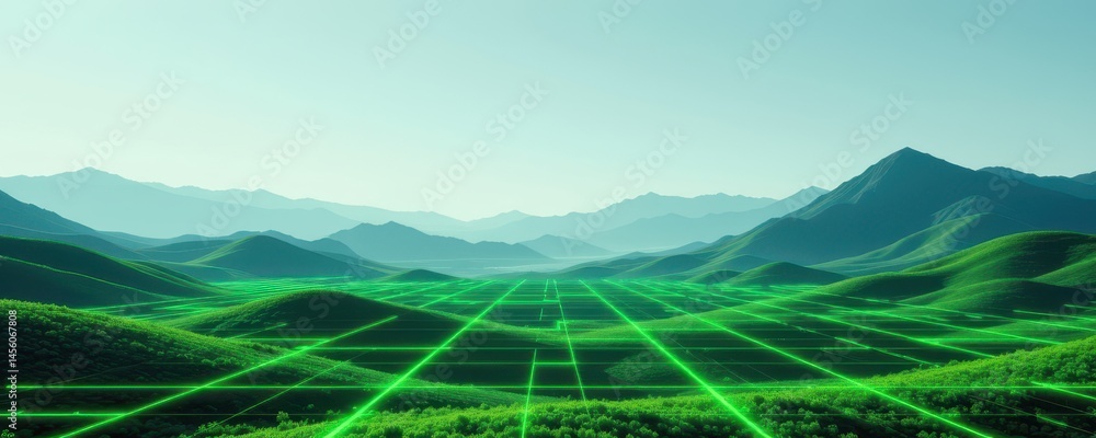 Poster the abstract landscape background features a vibrant green cyberspace grid, creating a hi tech netwo