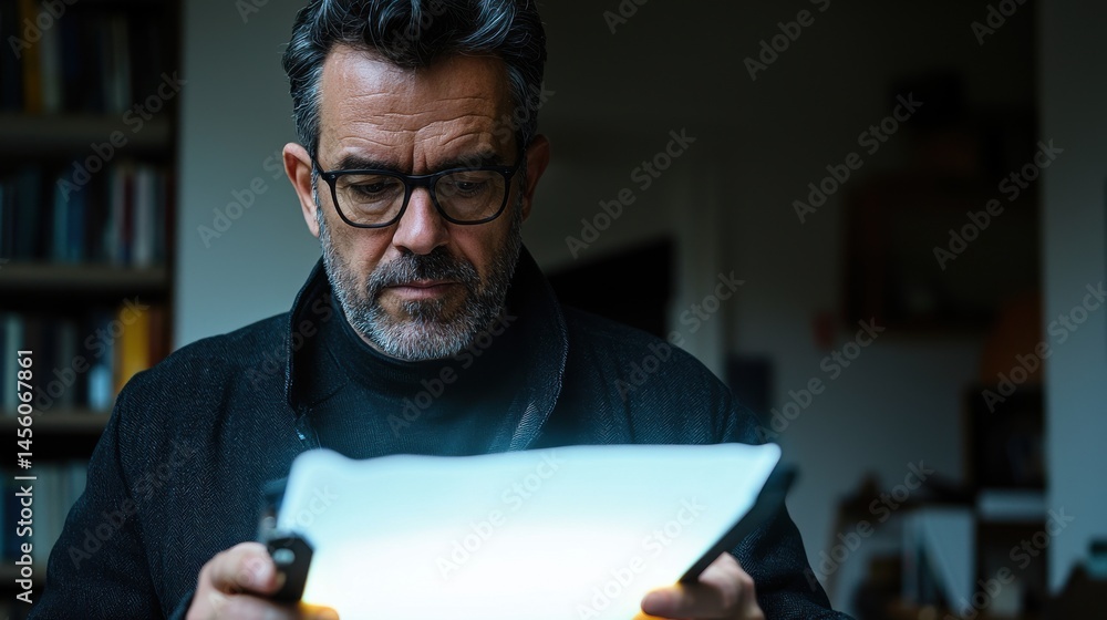 Poster businessman using tablet for comparison in a dimly lit office with glowing screen highlighting impor