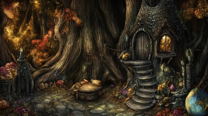 Obraz premium Enchanted forest dwelling with mystical architecture and glimmering lights evoking a sense of fairytale fantasy and mysterious adventure