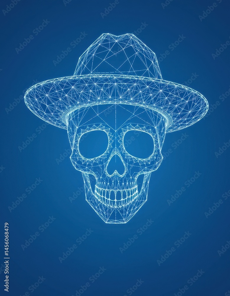 Poster the polygonal wireframe design of a human skull wearing a hat for day of the dead, created with conn