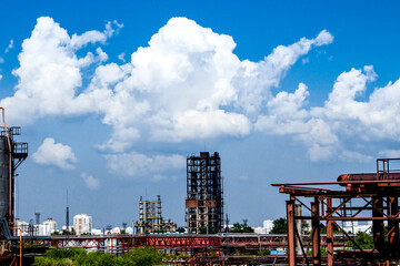 Refinery factory oil pipelines. Oil and gas petrochemical industrial background