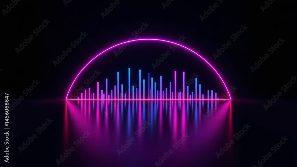 Poster a glowing neon soundwave visualizer with pink and blue bars and a semicircular arc reflected on a da