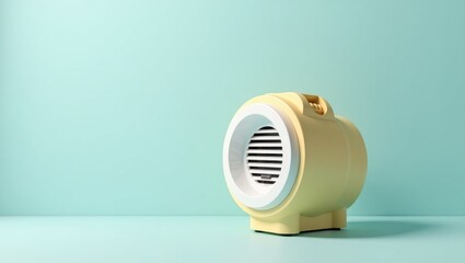 Shoe Dryer. Yellow portable fan with round design on blue background,