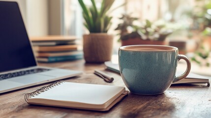 Work from home setup with laptop, notebook and coffee on a wood desk