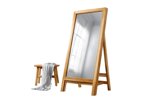 Elegant wooden mirror displaying natural light modern living room furniture bright and minimalist environment front view reflection concept