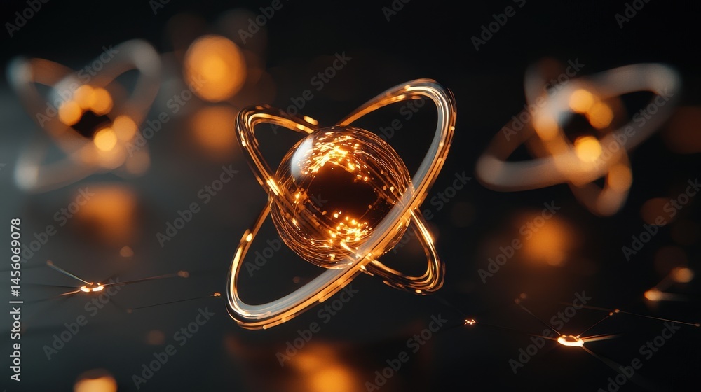 Poster abstract conceptual visualization of atomic vibrations captured in dynamic motion and glowing sphere