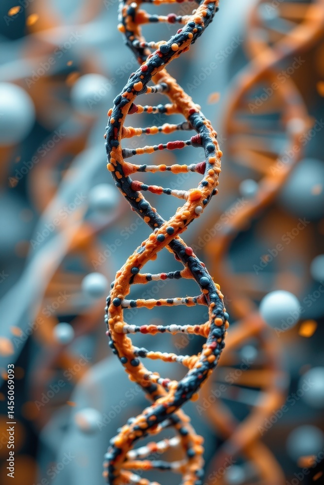 Poster a blurry abstract illustration showcasing the intricate double helix structure of a dna molecule, wi