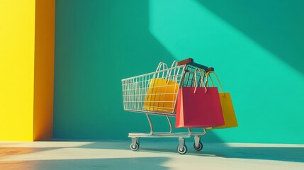 Shopping cart filled with colorful shopping bags against a vibrant yellow and teal background, showcasing online retail and consumerism.