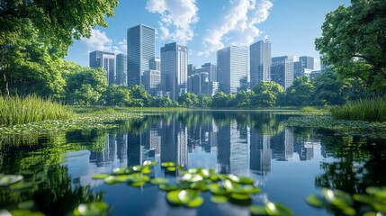 Fototapeta premium Lush parkland reflecting city skyscrapers on tranquil water.