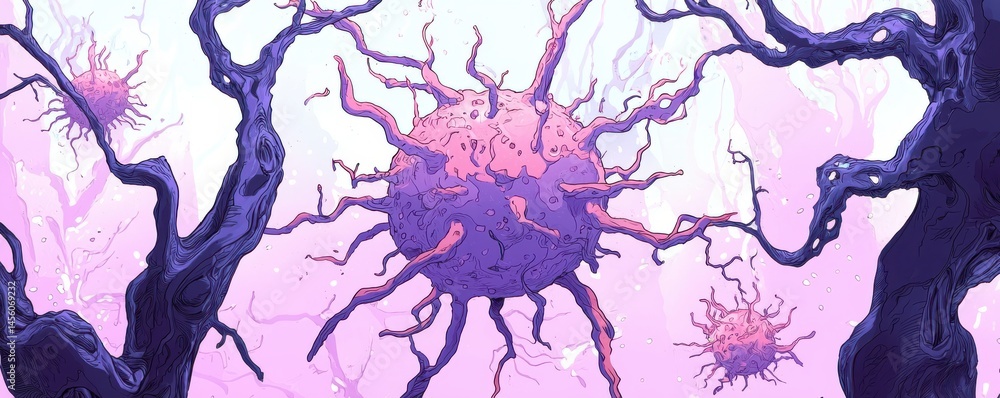 Poster conceptual illustration of a virus adapting to new environments with abstract organic forms and vibr