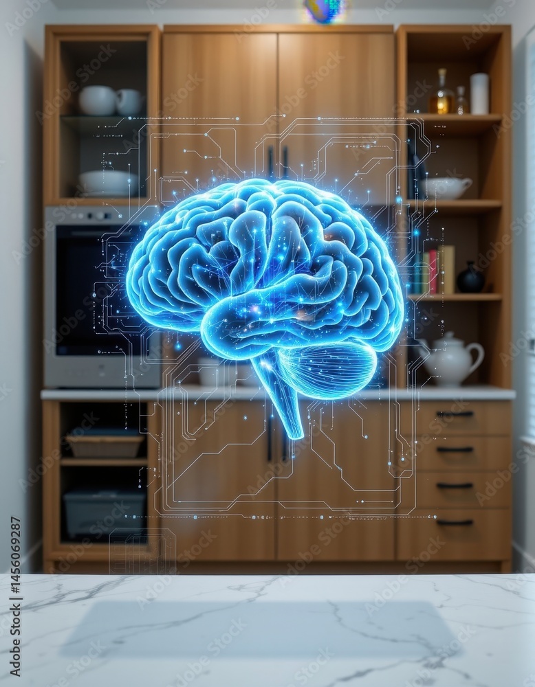 Poster a holographic image of a detailed human brain sign appearing in front of a minimalistic cabinet back