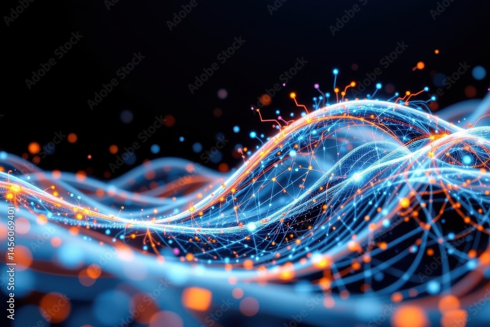 Poster a visually striking 3d representation of a dynamic wave network connection structure, depicting the 