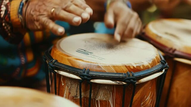 Close up of hands drumming on a djembe drum with colorful bracelets and patterned clothing visible