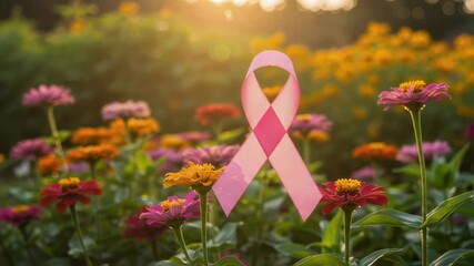 Pink ribbon for breast cancer awareness in garden with colorful zinnias at sunset. Medical symbol for women's health, survivor support, and research fundraising