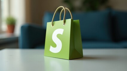 Shopify Developer. Green bag. White letter. Studio shot. Paper materi