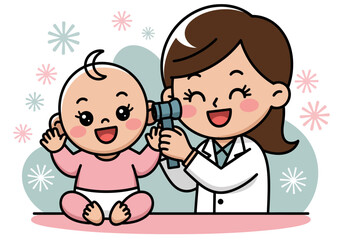 Pediatrician Doctor Examining Baby with Otoscope Tool	