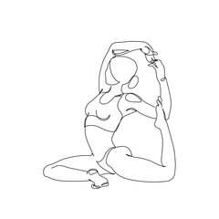 Abstract pose of a young woman continuous line art drawing doing sport, stretching, yoga. Body freedom concept. Minimal poster print art. Trendy one line draw design vector graphic illustration