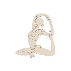 Abstract silhouette of a young woman continuous line art drawing doing sport, stretching pose, yoga. Body freedom concept. Minimal poster print art. One line draw design vector graphic illustration