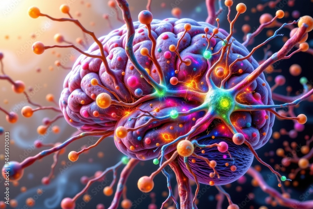 Poster the 3d rendering depicts a complex network of interconnected neuron cells with vibrant colors repres