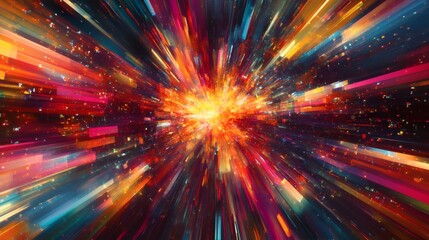 Fototapeta premium Colorful energy burst, cosmic explosion, abstract background, digital art, ideal for technology or science visuals