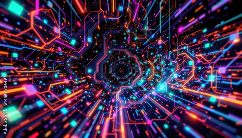 Aufkleber a mesmerizing digital backdrop featuring intricate geometric patterns and neon colored cybernetic pa