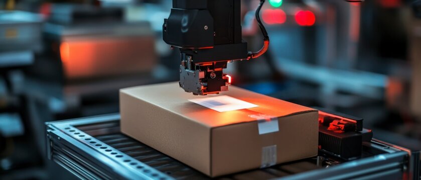 Robotic arm scans cardboard box, marking automation advances in manufacturing.