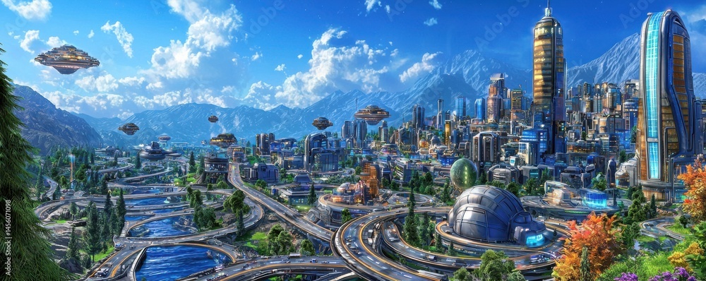 Poster a bustling settlement on a distant planet surrounded by mountains and high-tech architecture with fu