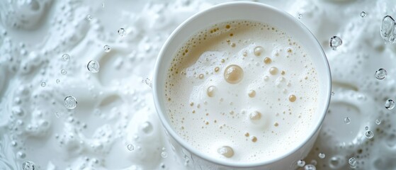 Foamy beverage sits inside cup, showing bubbles and liquid.