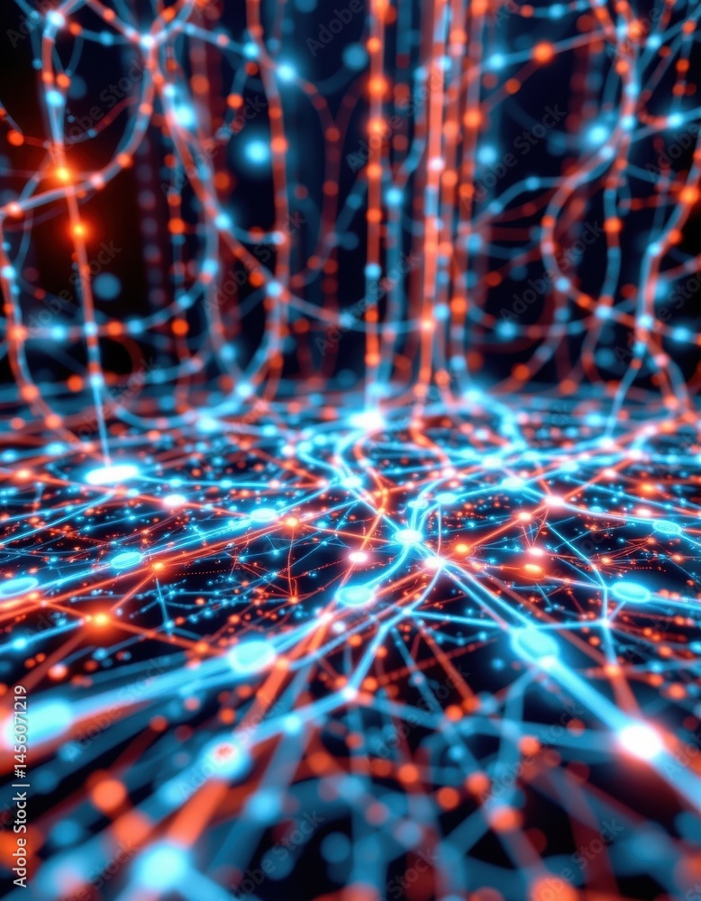 Poster a 3d rendering computer graphic showcases a futuristic cyberspace where a complex network of interco